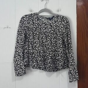 GAP Womens XS Black White Floral Print Long Sleeve Keyhole Back Blouse Top